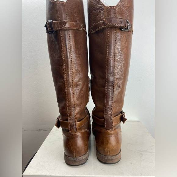 FRYE Phillip Pebbled Leather Knee High Roding Boots Brown Buckle - Picture 11 of 16